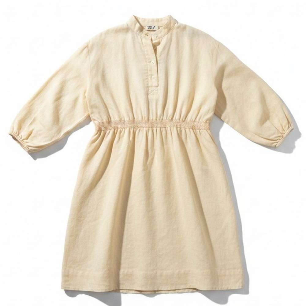 Light Cream Long Sleeve Gathered-Waist Dress